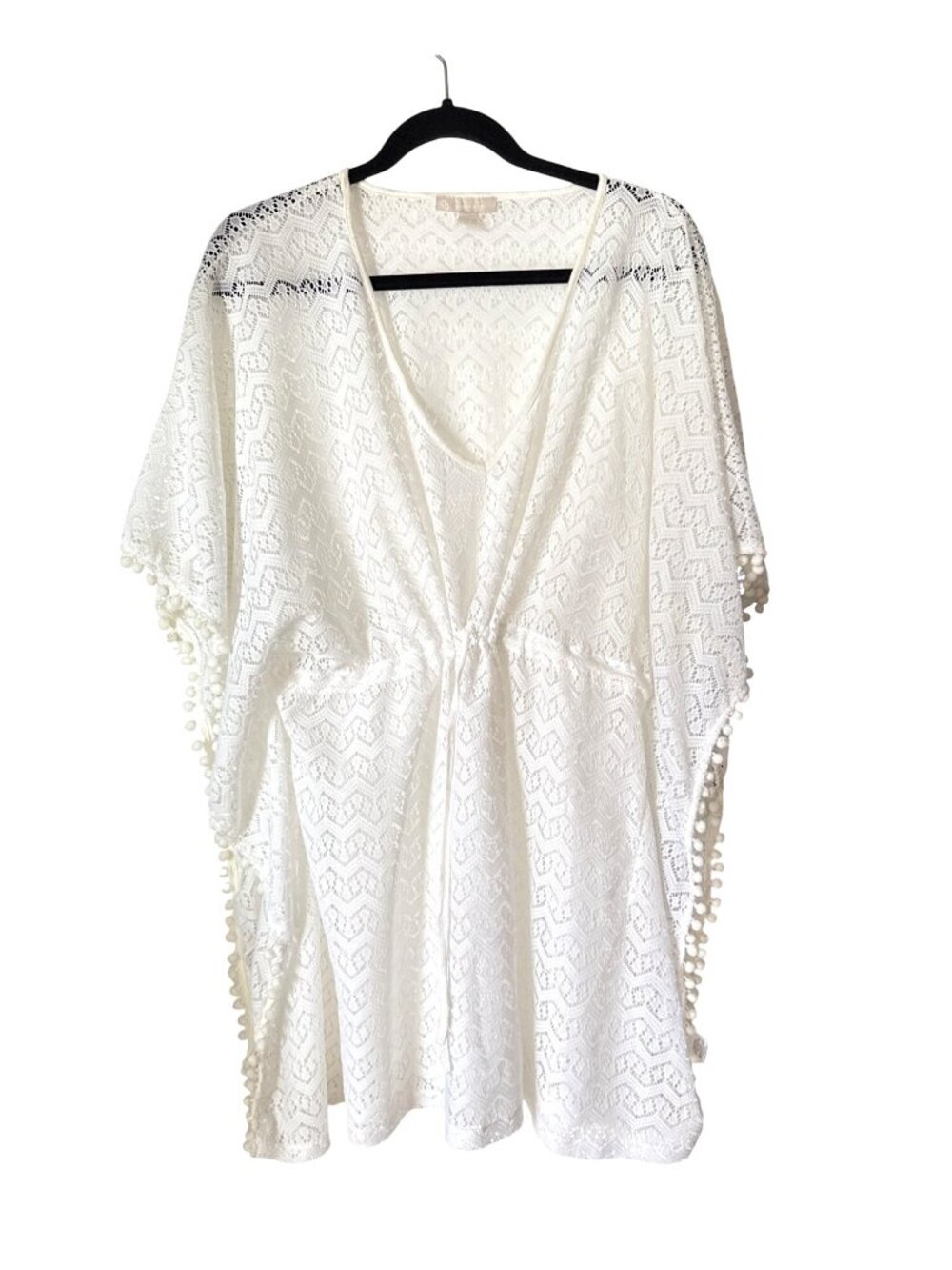 White Crochet Kimono Cover-Up With Pom Pom Trim One Size 100% Polyester Made In